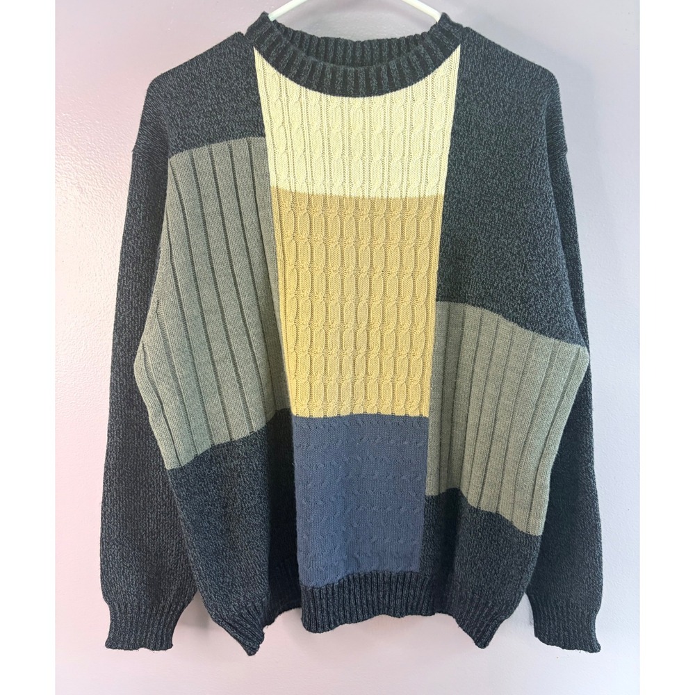 Munsingwear Colorblock Knit Sweater Medium‎ Gray Blue Textured Vintage 90s